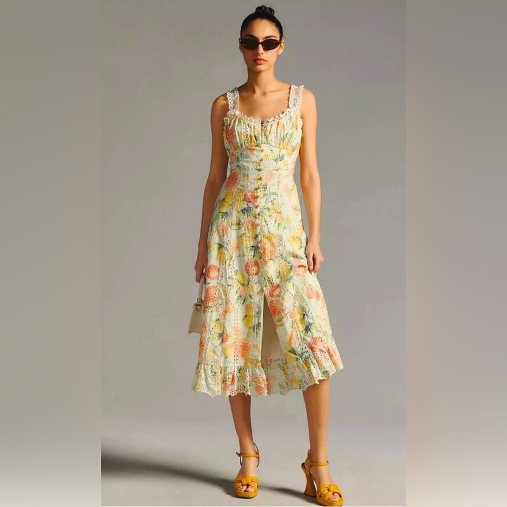 Like New Anthropologie Citrus Pattern Gingham Eyelet Dress